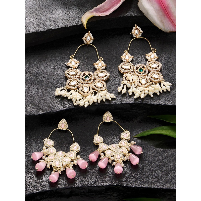 Zaveri Pearls Set of 2 Gold-Plated Austrian Diamond Stone Studded & Beaded Drop Earrings