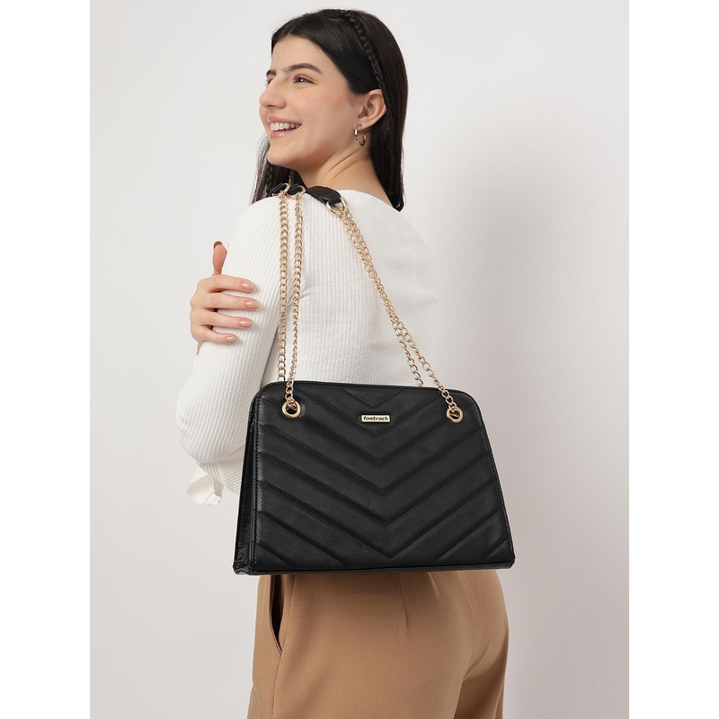 Fastrack Black Quilted Shoulder Bag with Dual Gold Chain Straps and Zipper Compartment
