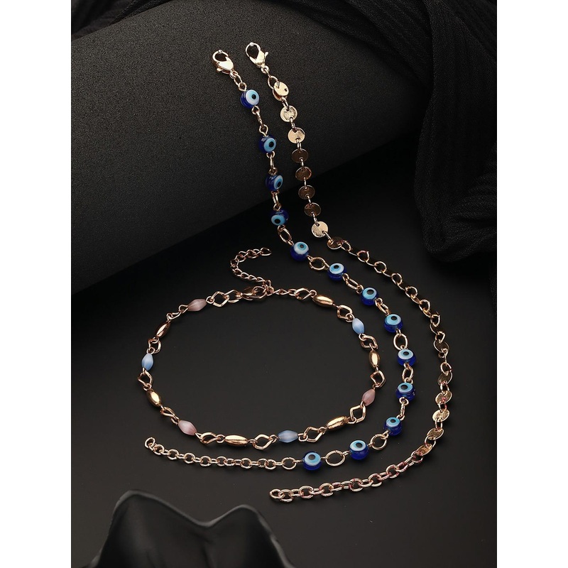 Jazz and Sizzle Set Of 3 Rose Gold-Plated Evil Eye Link Anklets