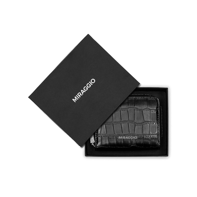MIRAGGIO Lea Black Textured Wallet With Zipper Closure