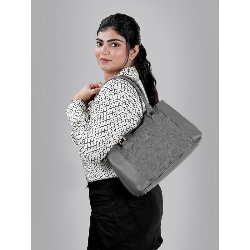 Mochi Grey Floral PU Structured Shoulder Bag