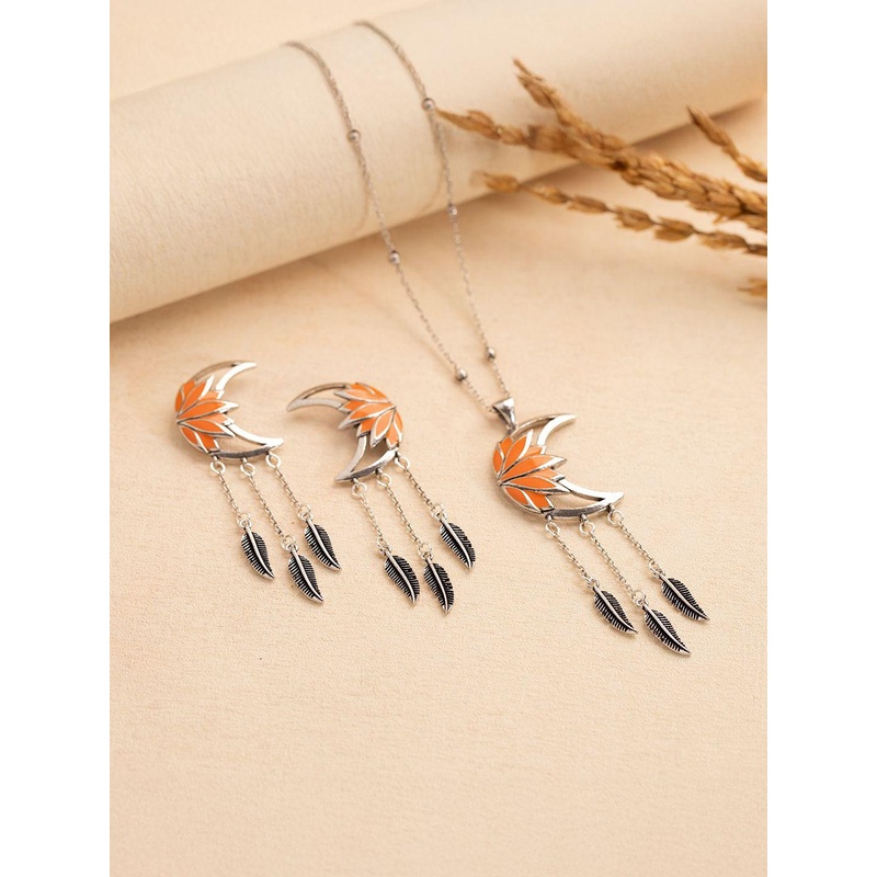 Voylla Boho Tribe Moonlit Lotus Oxidised Pendant Set