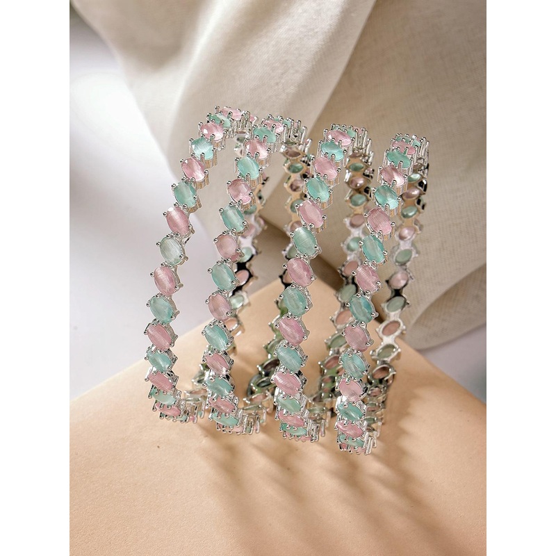 ZENEME Set Of 4 Rhodium-Plated American Diamond Studded Details Bangles