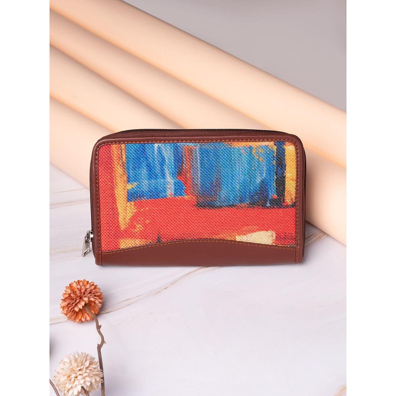 ZOUK Women Yellow & Orange Printed Vegan Leather Zip Around Wallet