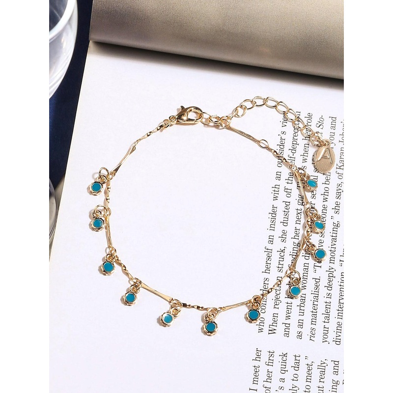 Accessorize Gold-Toned & Blue Crystals Charm Drop Anklet