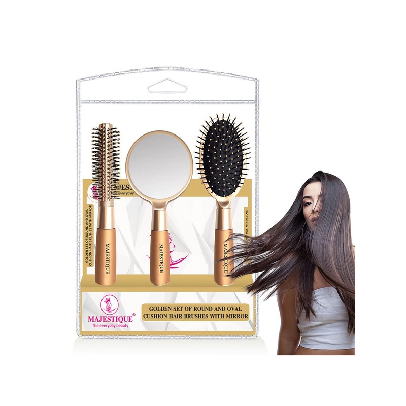 MAJESTIQUE 3-Pcs Round & Oval Cushion Hair Brush Set With Handle Mirror