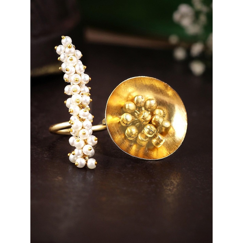 Rubans 18K Gold-Plated White Pearl Clusters & Ghungroo Disc Motif Artistic Ring