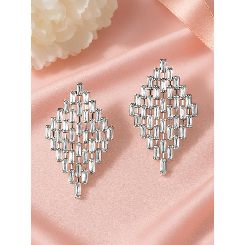 Rubans Rhodium-Plated Cubic Zirconia Studded Diamond-Shaped Drop Earrings