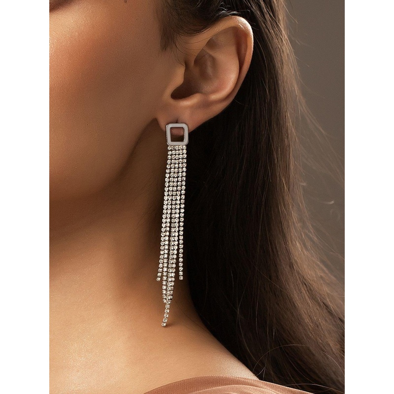 Voylla Korean Bling Rhodium-Plated AD & Crystal Studded Square Tasselled Drop Earrings
