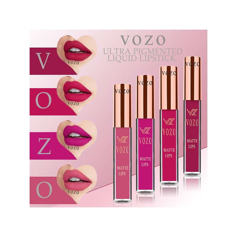 VOZO Set Of 4 Matte Lips Liquid Lipstick-Cherry Red101- Magenta105- Peach202- Peach203