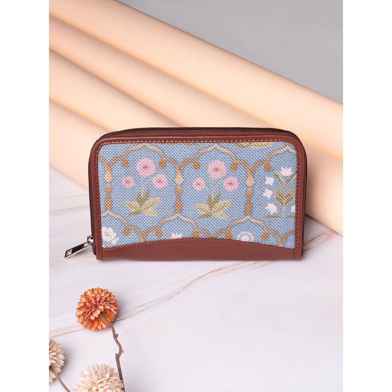 ZOUK Women Blue & Green Floral Printed Zip Around Wallet