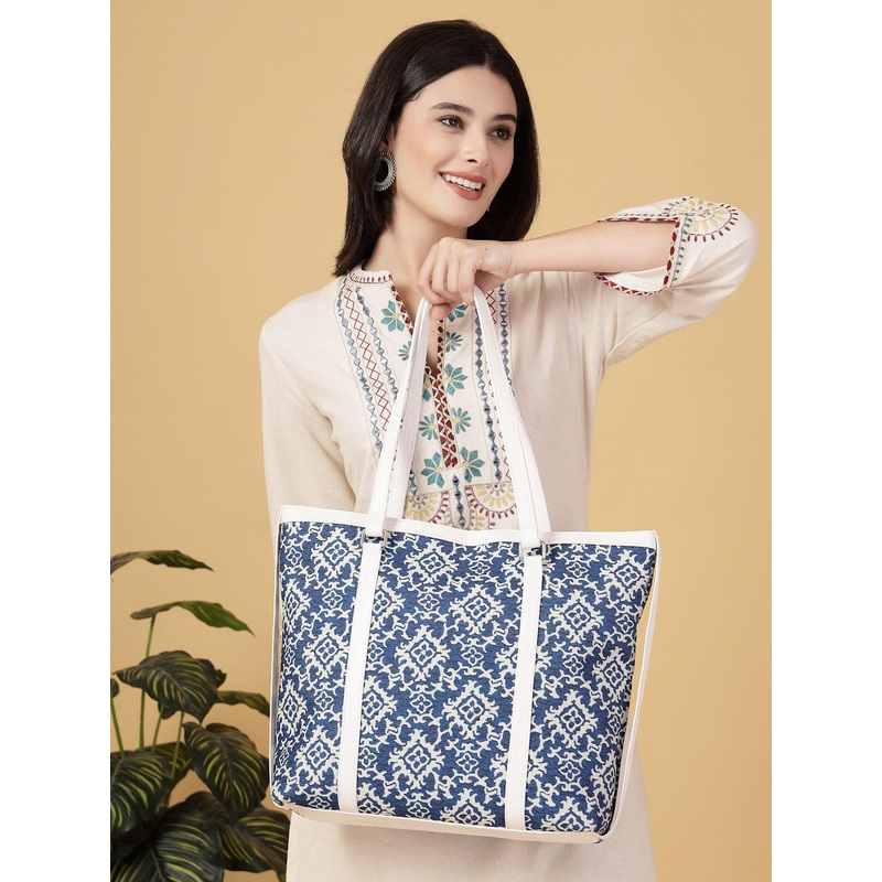 Anouk Ethnic Motifs Printed PU Shopper Tote Bag with Cut Work