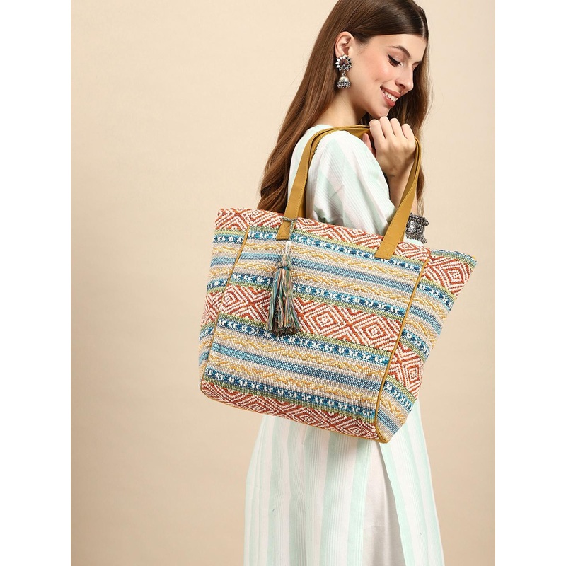 Anouk Geometric Printed Tasselled Oversized Shopper Tote Bag