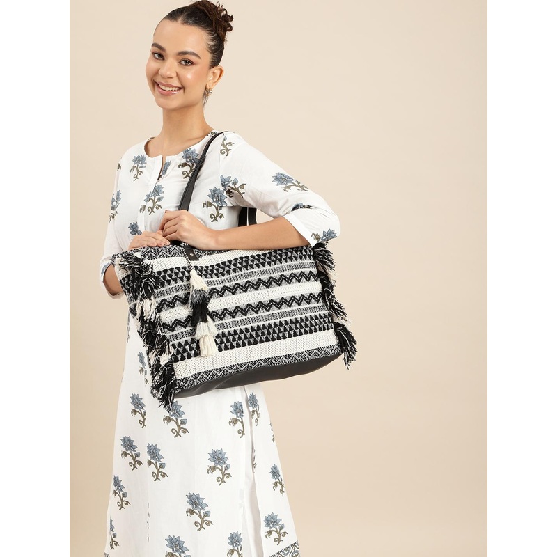 Anouk Geometric Textured Shopper Tote Bag with Fringed