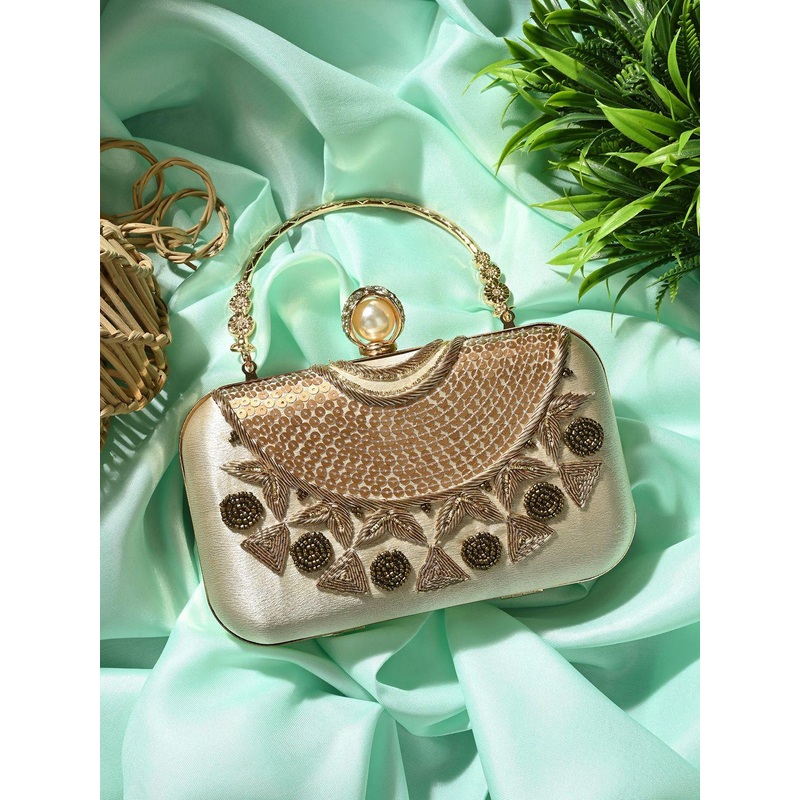 Anouk Gold Toned Embellished Box Clutch