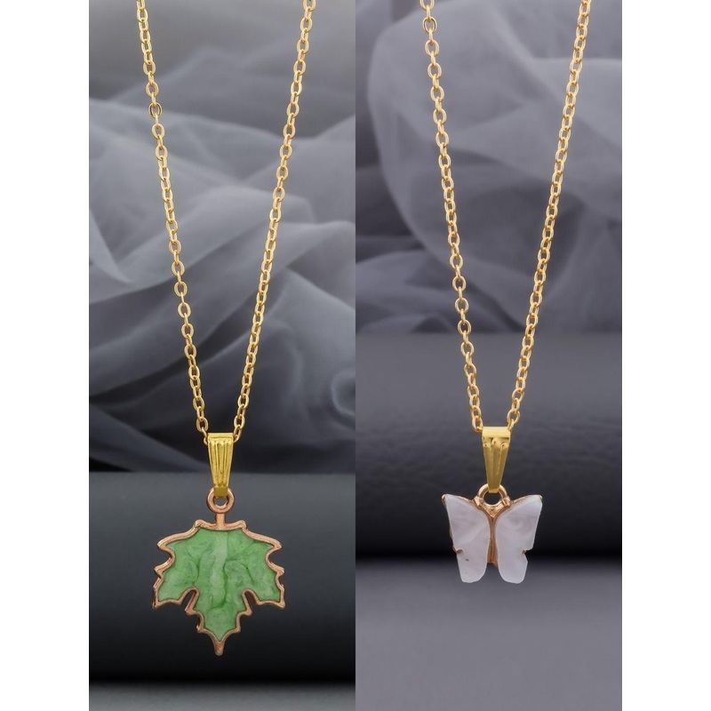 Birado Jewellery Set Of 2 Stainless Steel Gold-Plated Enamelled Necklace