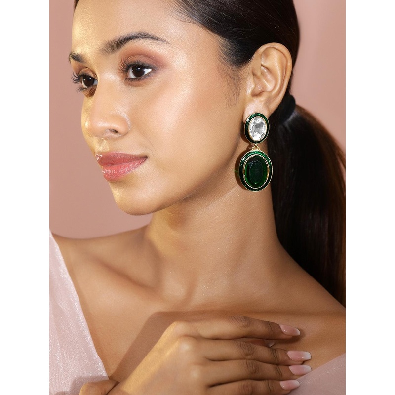 Rubans 22K Gold Plated Crystal Emerald & White Zirconia Studded Premium Drop Earrings