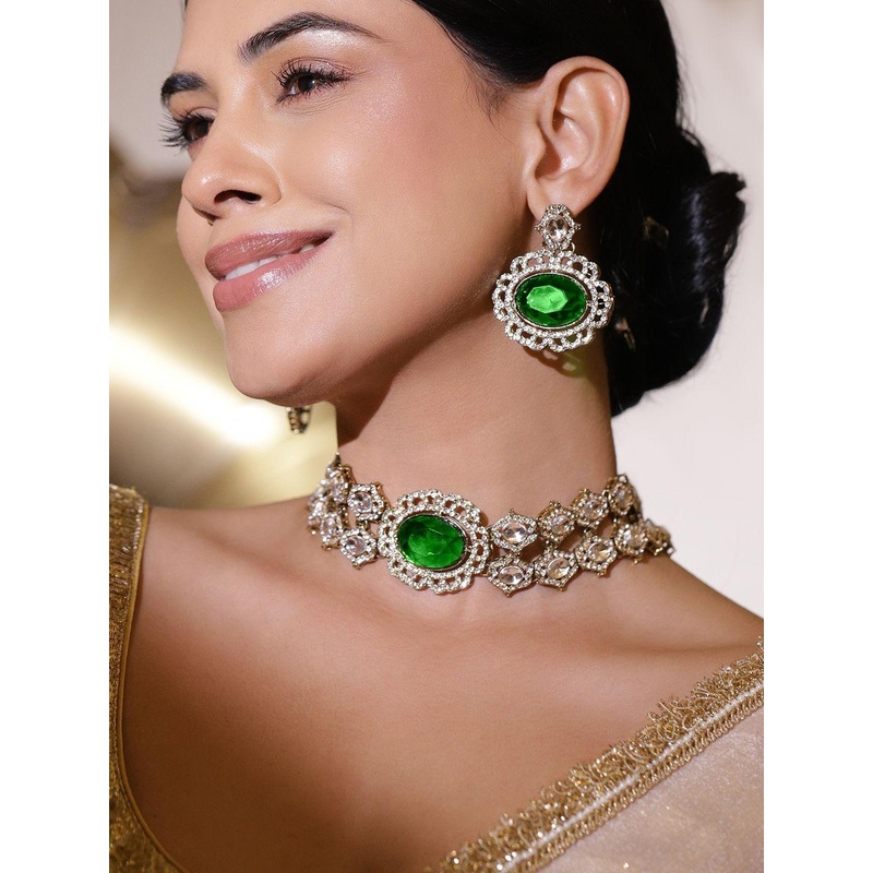 Rubans 22K Gold-Plated Emerald Green, Cubic Zirconia & White Kundan Statement Choker Set