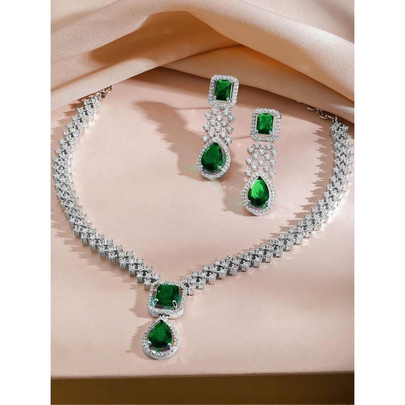 Rubans Rhodium-Plated Emerald Green Stone & Cubic Zirconia Luxe Statement Necklace Set