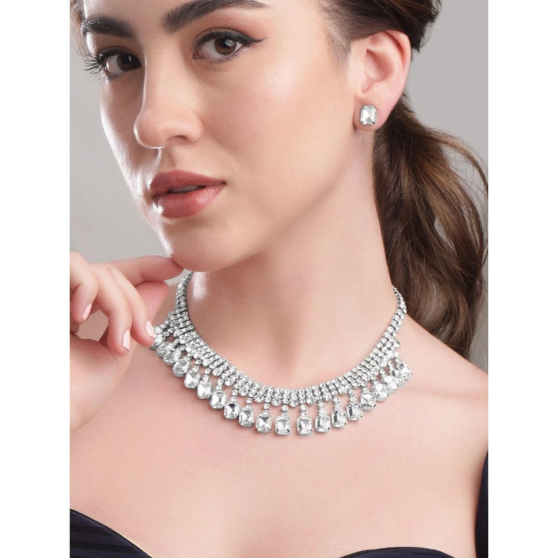 Rubans Women Rhodium Plated Crystal White AD & Cubic Zirconia Studded Jewellery Set