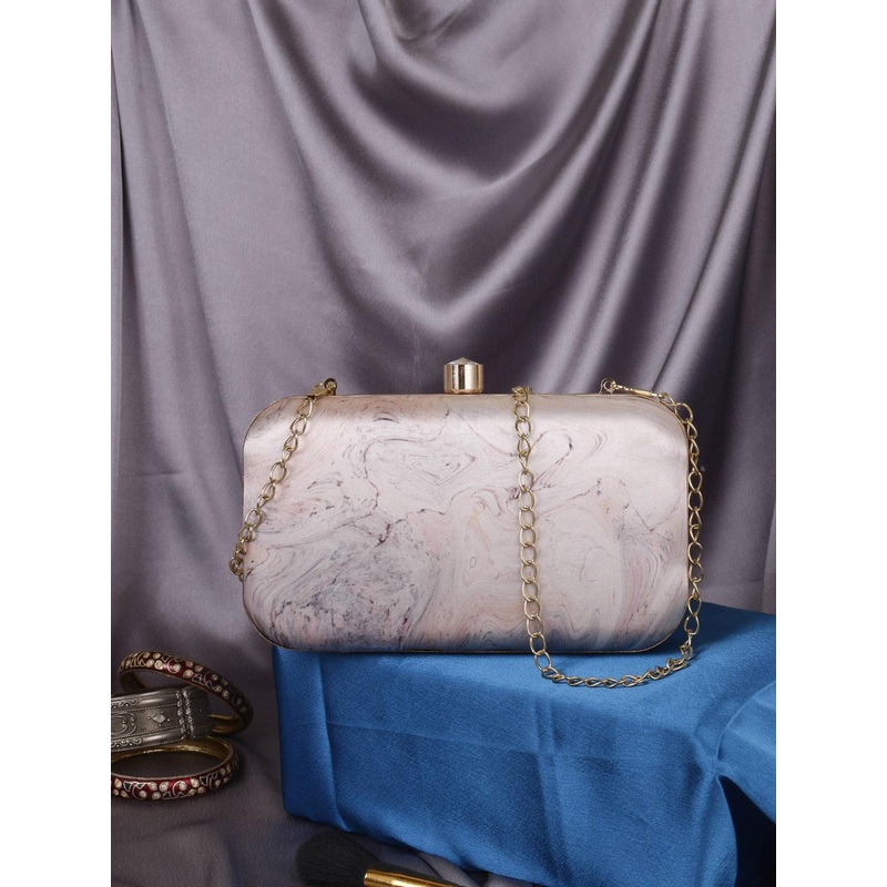 Sangria Beige Abstract Printed Box Clutch