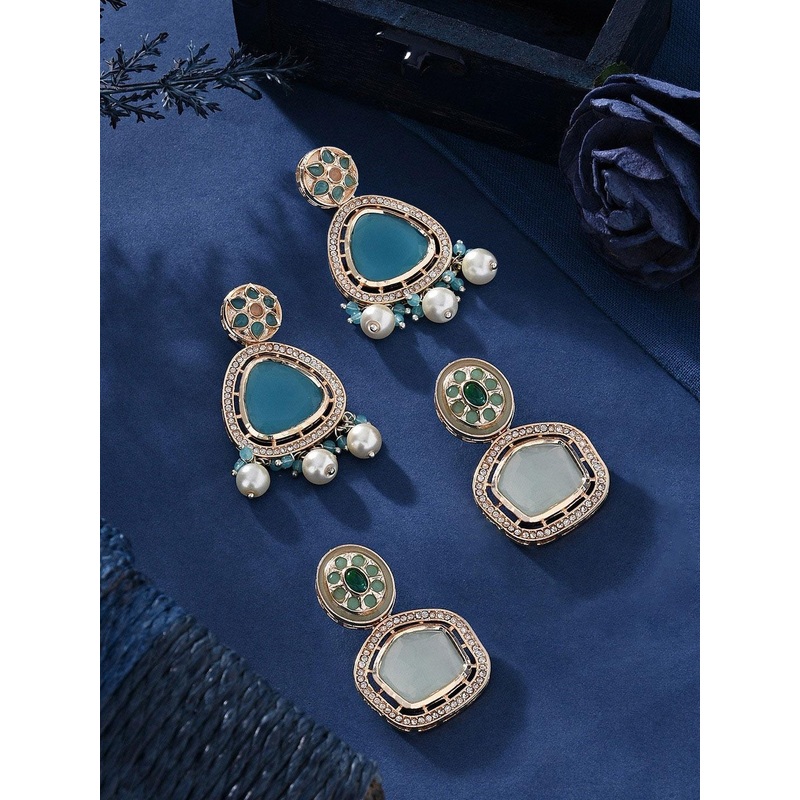 Zaveri Pearls Set Of 2 Gold-Plated Contemporary Drop Earrings