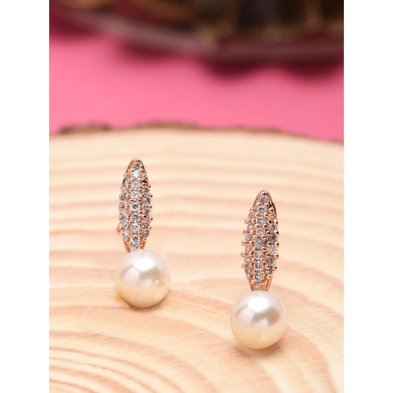 Zaveri Pearls White Rose Gold-Plated Cubic Zirconia Spherical Drop Earrings