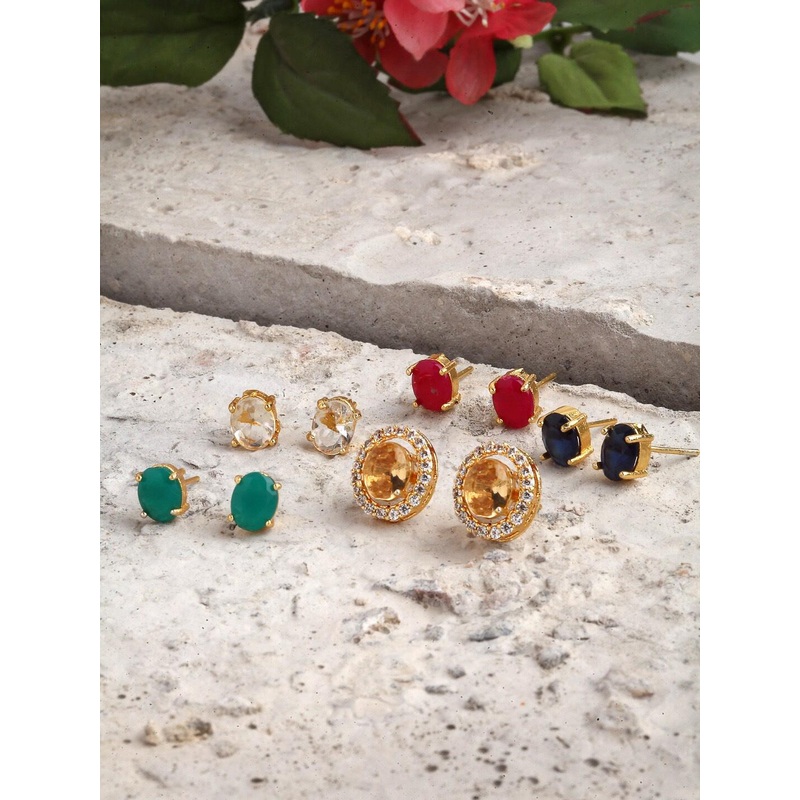 ZENEME Gold Plated Set of 5 Interchangeable Oval Studs Earrings