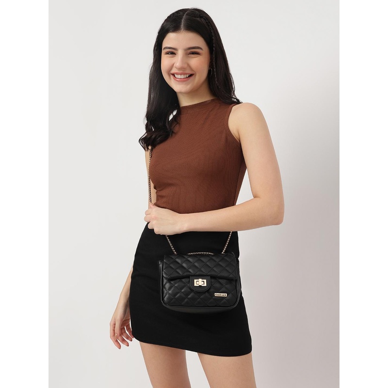 Fastrack Black PU Structured Sling Bag with Quilted