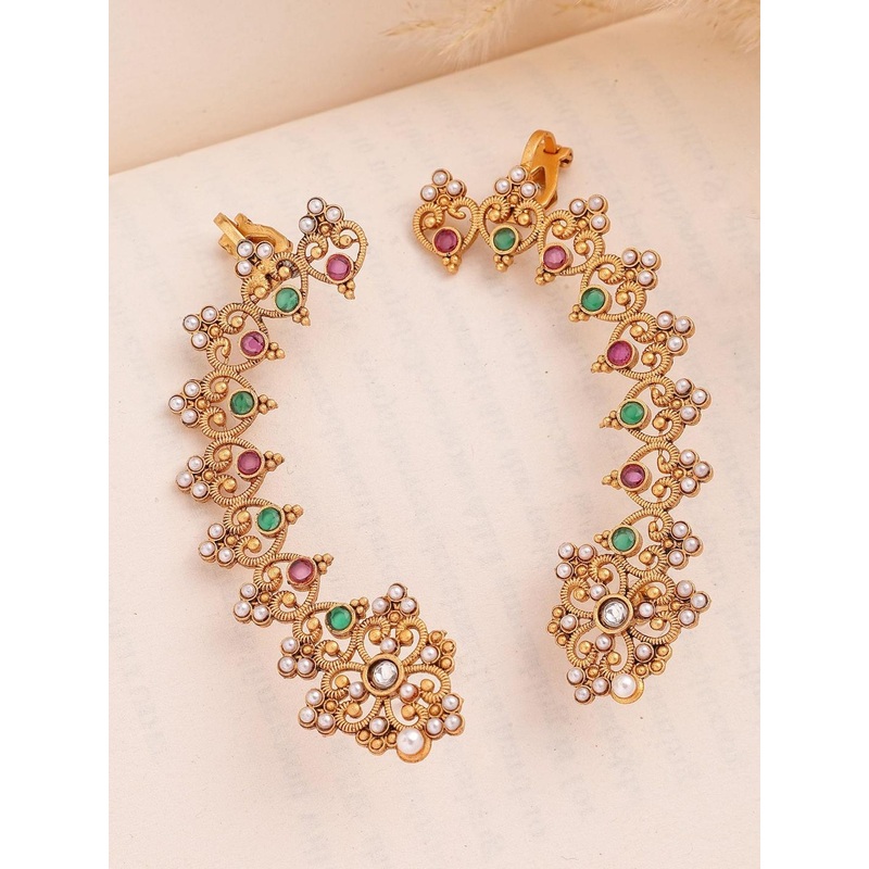 KARATCART Gold-Plated Artificial Stones Studded Floral Ear Cuffs