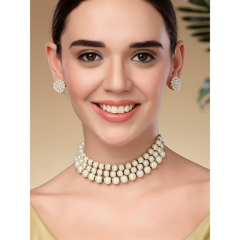 KARATCART Gold Plated Pearls Beaded Choker Necklace Jewellery Set