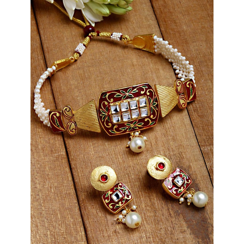 KARATCART Gold-Plated Red Pearl Beaded Choker Jewellery Set