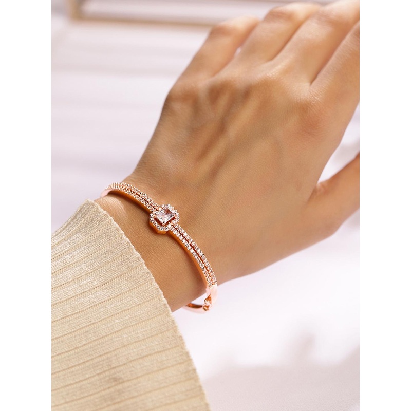 Rubans 18K Rose Gold-Plated Cubic Zirconia Dual Band Openable Bracelet-Statement Jewelry