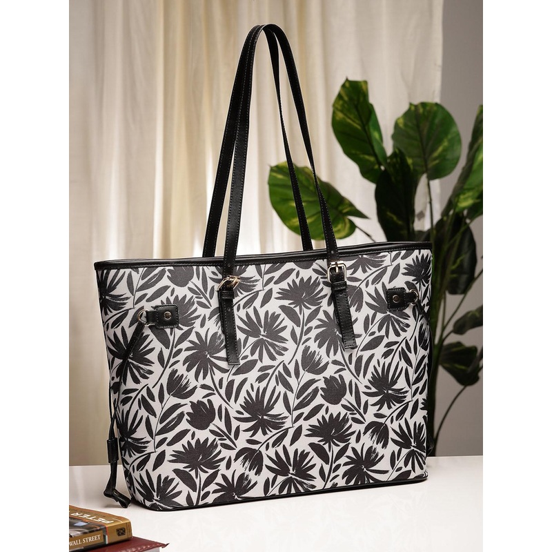 Sangria Black Floral Printed Shopper Tote Bag