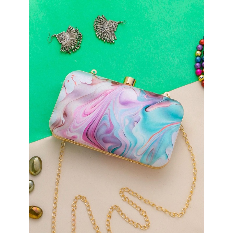 Sangria Purple & Blue Printed Box Clutch