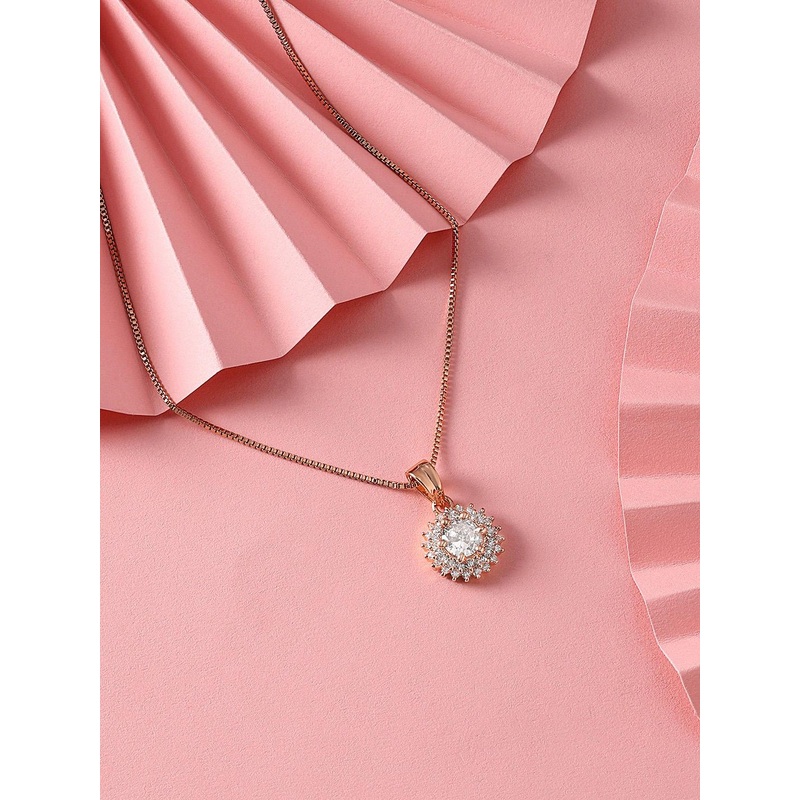 Zaveri Pearls Rose-Gold Plated CZ-Studded Pendant With Chain