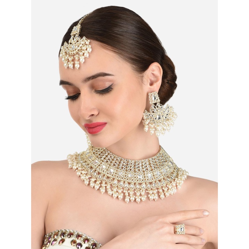 Zaveri Pearls Women Gold-Plated & White Kundan-Studded & Pearl Beaded Bridal Jewellery Set