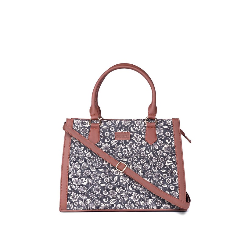 ZOUK =Floral Printed Structured Jute Handheld Bag