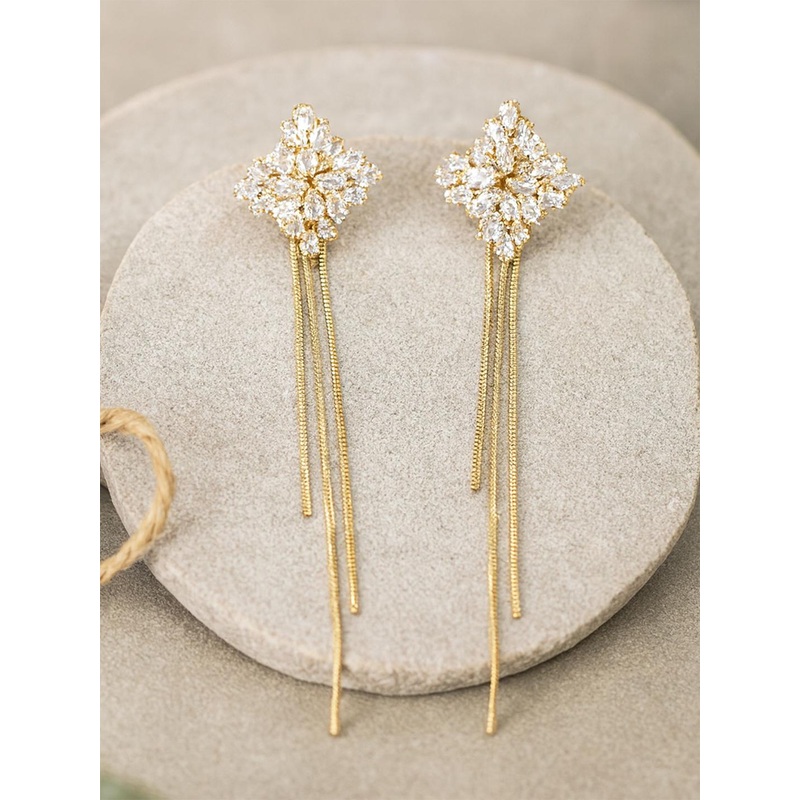 Bohey by KARATCART Gold-Plated AD Studded Tasselled Square Shaped Drop Earrings
