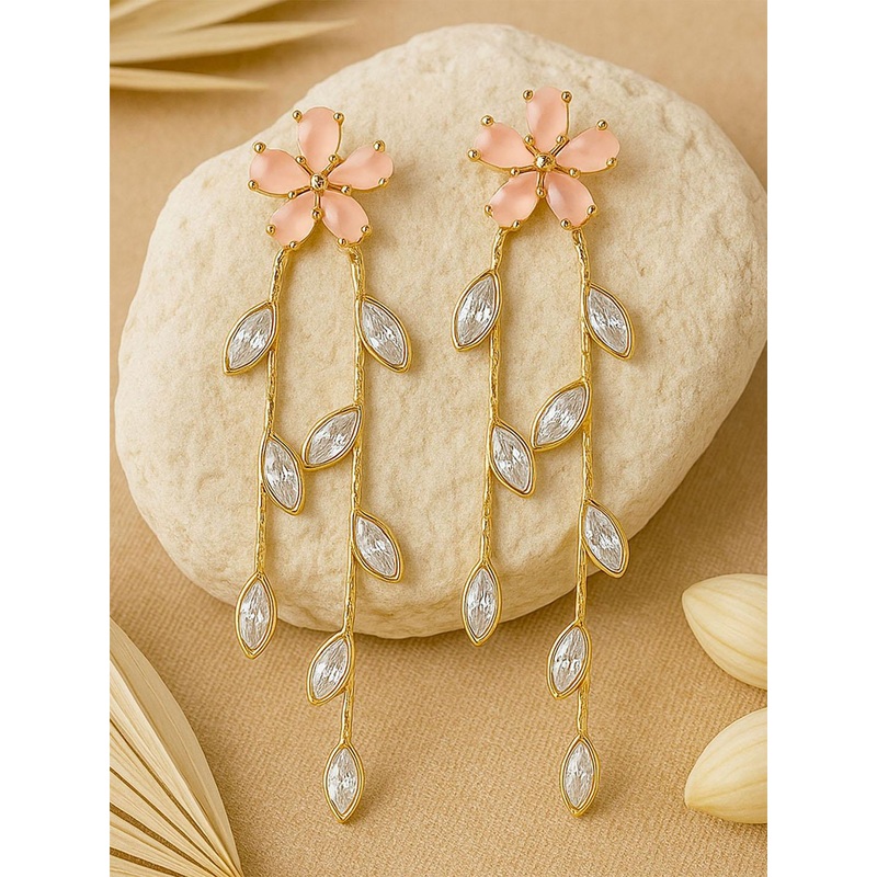 Bohey by KARATCART Gold-Plated American Diamond Studded Floral Shaped Drop Earrings