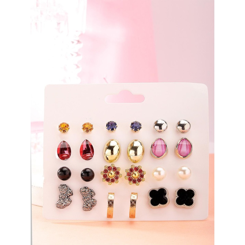 Bohey by KARATCART Set Of 12 Gold-Plated Contemporary Cubic Zirconia Studs Earrings