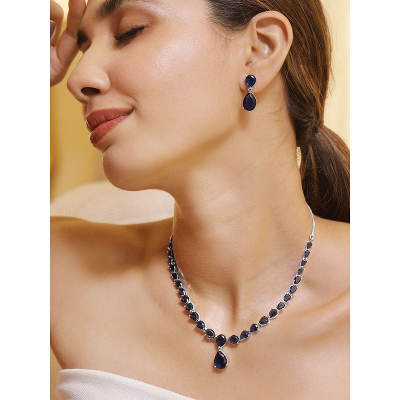 Rubans Rhodium Plated Blue Sapphire & Cubic Zirconia Studded Jewellery Set