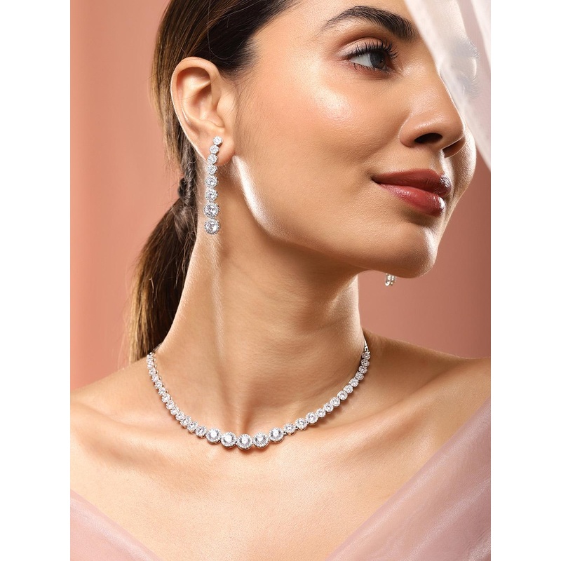 Rubans Rhodium-Plated Cubic Zirconia Studded Jewellery Set