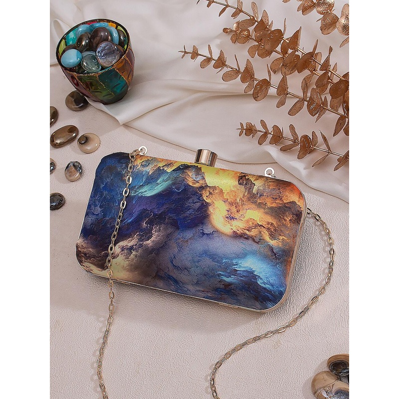 Sangria Blue Abstract Printed Box Clutch