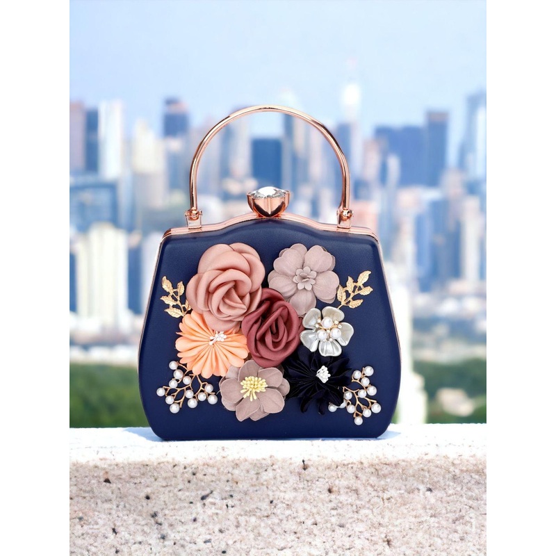 Sangria Blue Floral Embellished Box Clutch