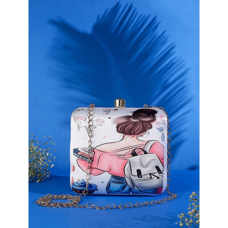 Sangria Printed Box Clutch With Shoulder Strap