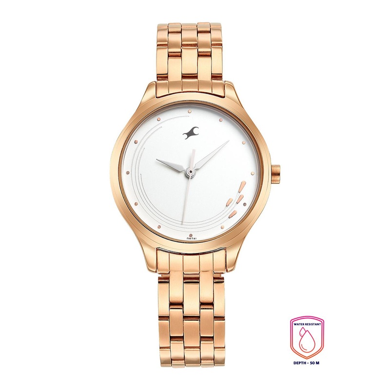 Fastrack Women White Brass Dial & Gold-Plated Stainless Steel Bracelet Style Straps Analogue Watch