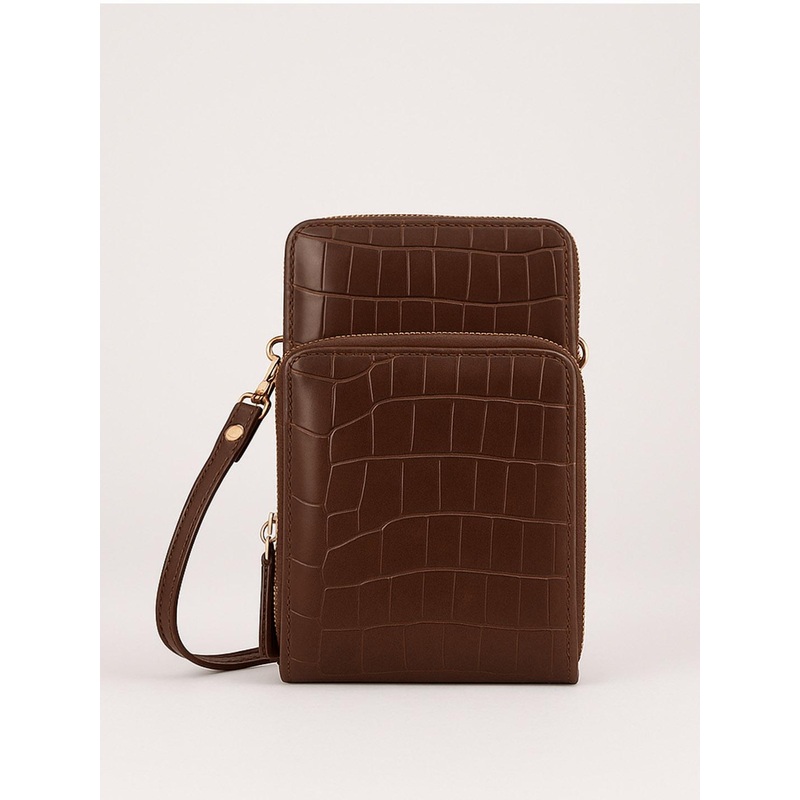 Lino Perros Coffee Brown Croc Textured Structured Sling Bag with Detachable Sling Strap