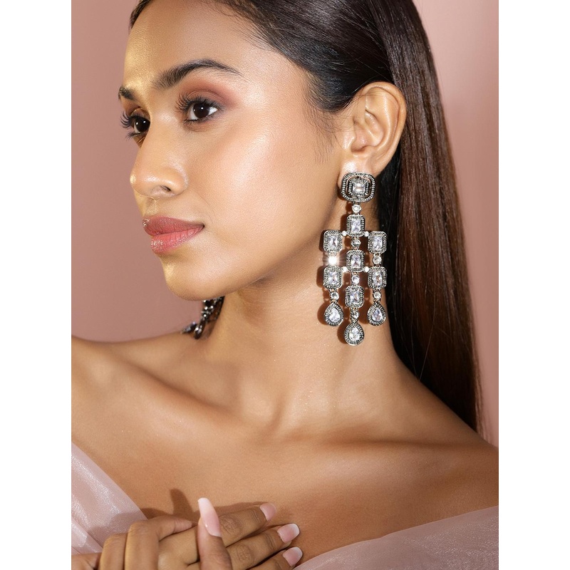 Rubans Rhodium Plated Antique Blackish Tone Zirconia Studded Premium Chandelier Earrings