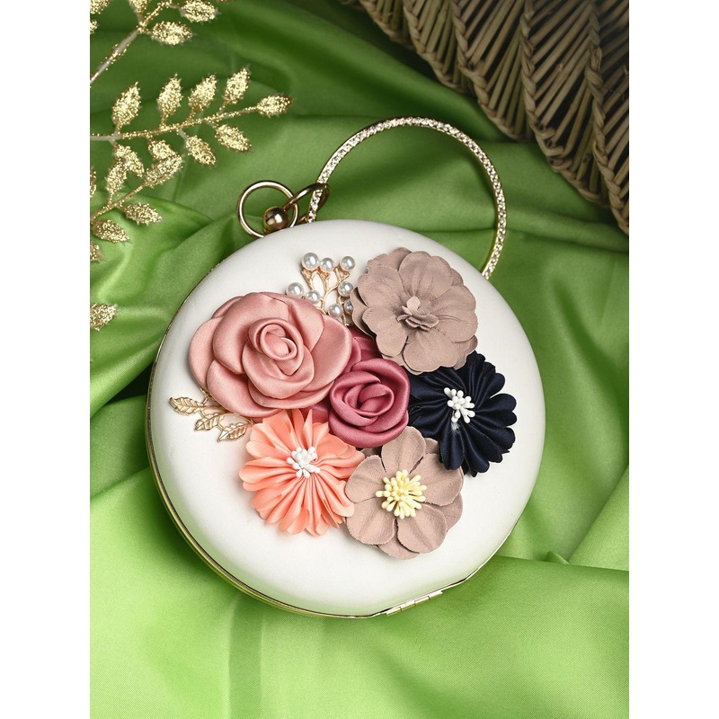 Sangria White Floral Embellished Box Clutch